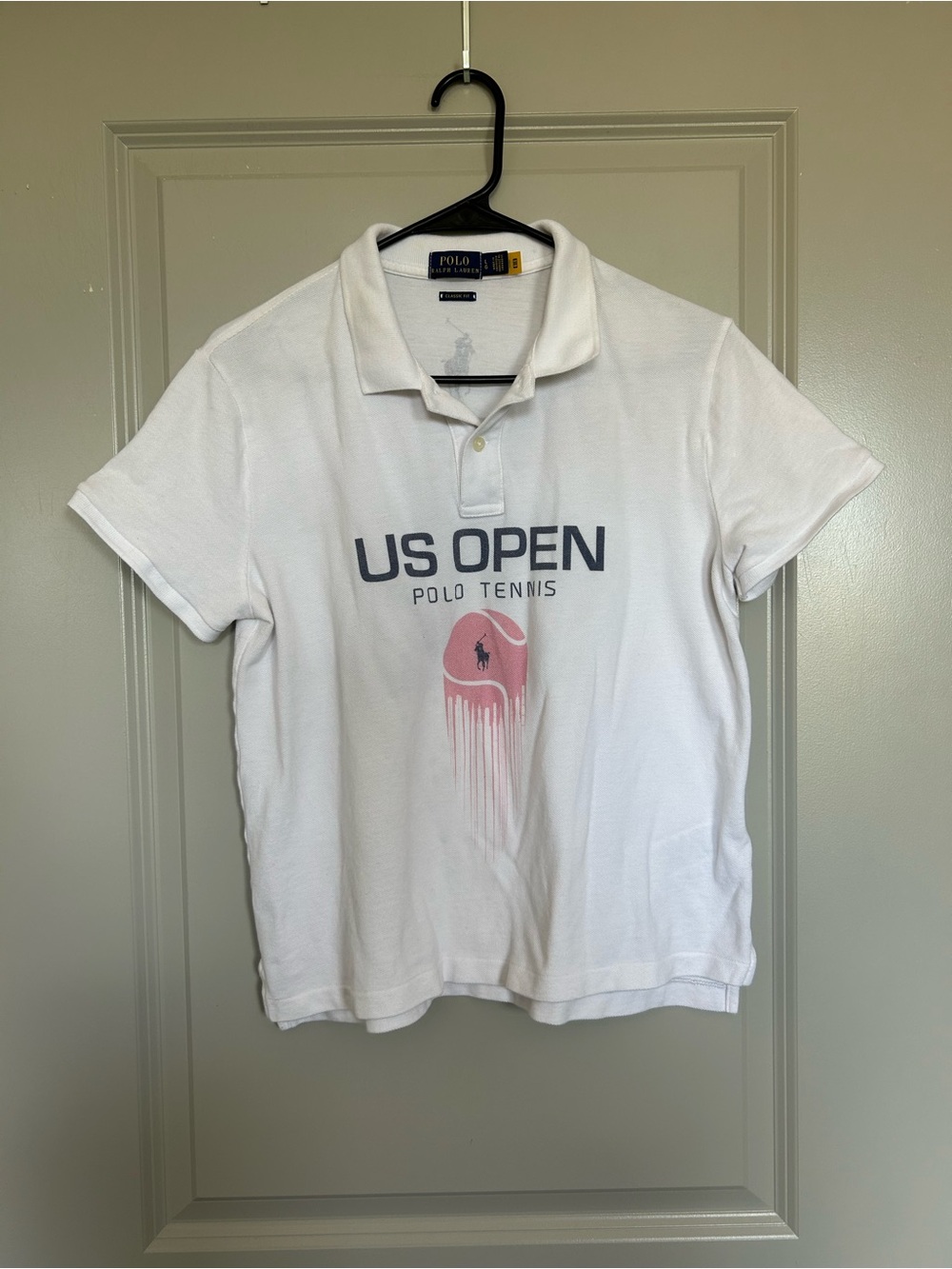 Ralph Lauren White Polo Shirt with Navy US OPEN and Pink Tennis Graphic